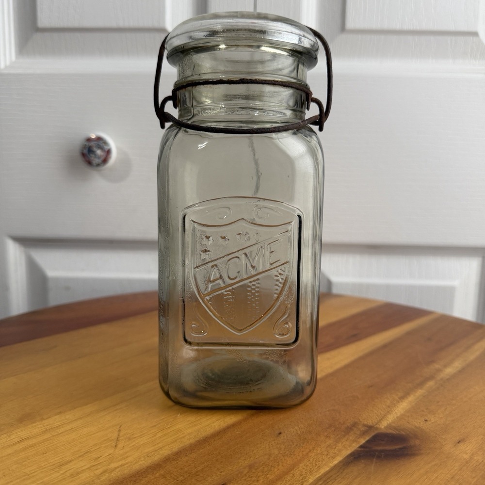 ACME Clear Glass Square Wire Side Mason Jar Vintage Canning Cottage Farmhouse